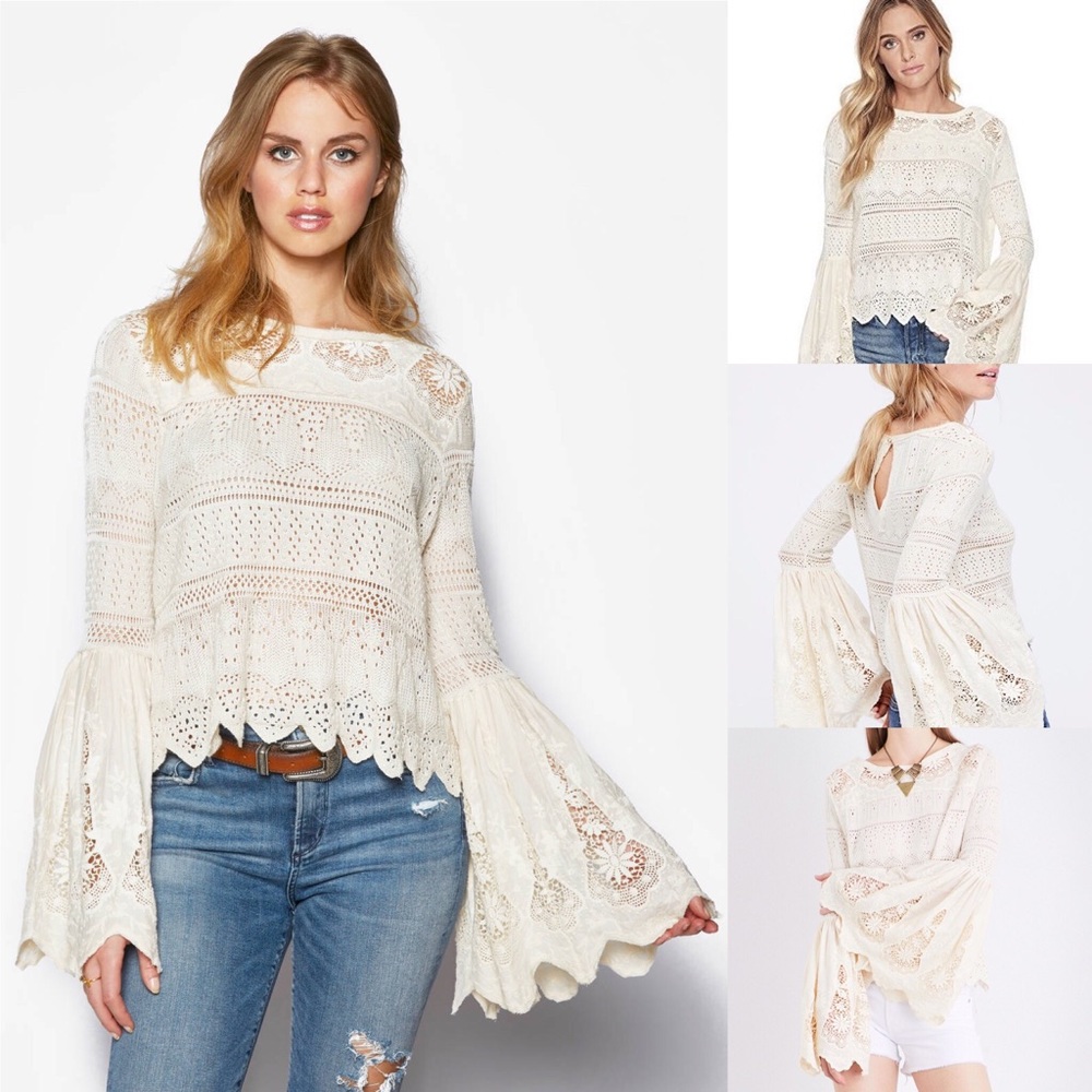 Free People Cream Crochet Lace Bell Sleeve Blouse